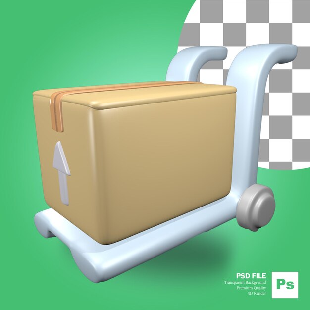 Rendering 3D dell'oggetto icona della scatola del pacchetto di cartone con il corriere di consegna del pacchetto di freccia