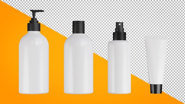 Rendering 3d della collezione di flaconi cosmetici isolati su sfondo trasparente
