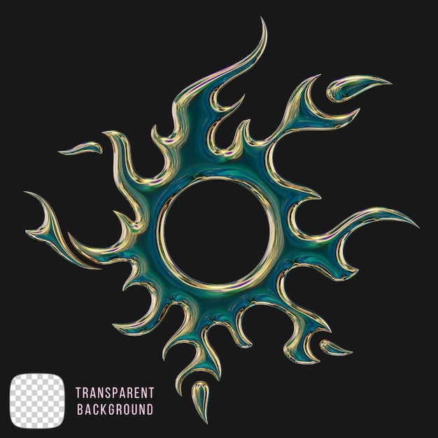 Rendering 3D della forma del sole tribale metallico su sfondo trasparente