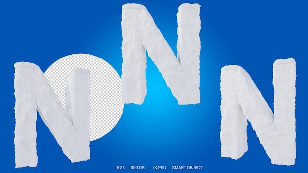 Rendering 3d della lettera N nella forma e nello stile di una neve su uno sfondo trasparente