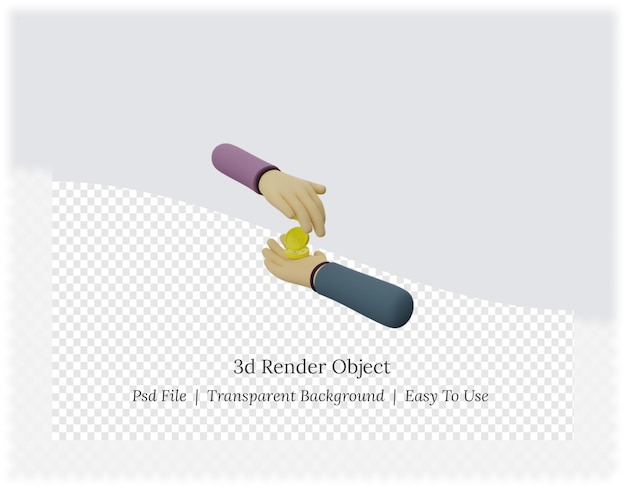 Rendering 3D della mano che tiene una moneta