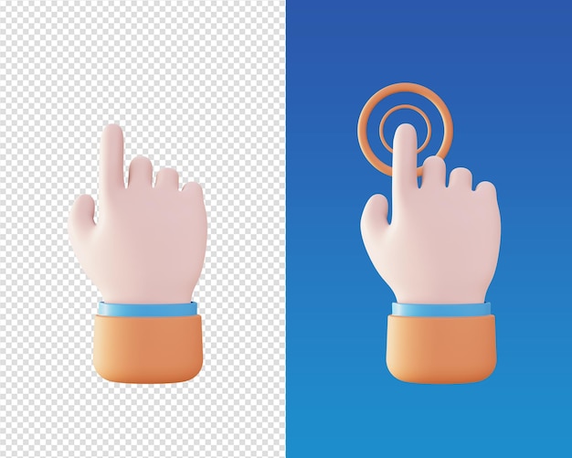 Rendering 3d della mano che tocca e fa clic sull'icona dell'illustrazione per le app mobili Web UI UX annunci sui social media