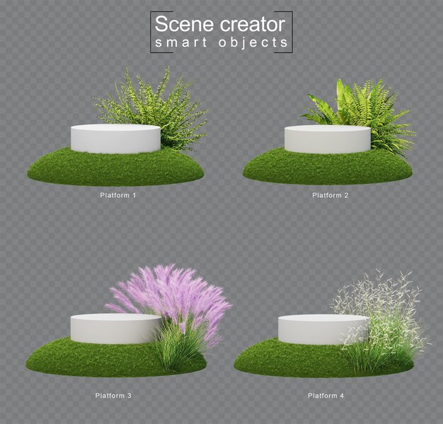 Rendering 3D della piattaforma bianca sul set di erba berm be