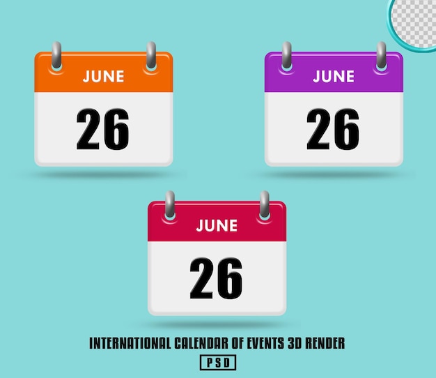 Rendering 3D della raccolta di eventi del calendario internazionale