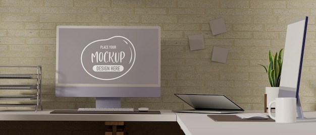 Rendering 3D della stanza di lavoro con mockup di computer