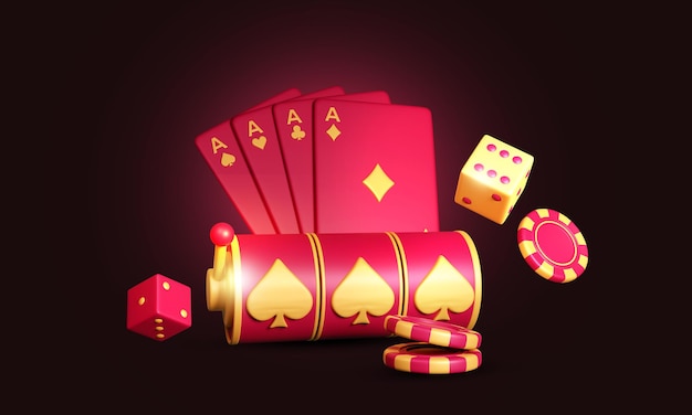 Rendering 3D delle fiches di poker del casinò in aria Scenario di gioco d'azzardo vincitore del jackpot fiches e dadi di poker