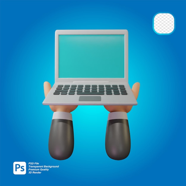 Rendering 3D delle mani che tengono il computer portatile