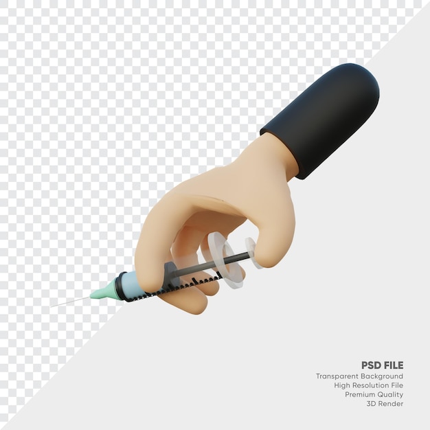 Rendering 3D delle mani che tengono le iniezioni mediche