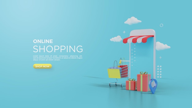 Rendering 3D dello shopping online per i social media con scatole regalo davanti ai negozi