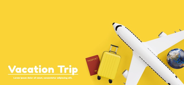 Rendering 3d di aereo passeggeri con accessori e concetto di viaggio per le vacanze