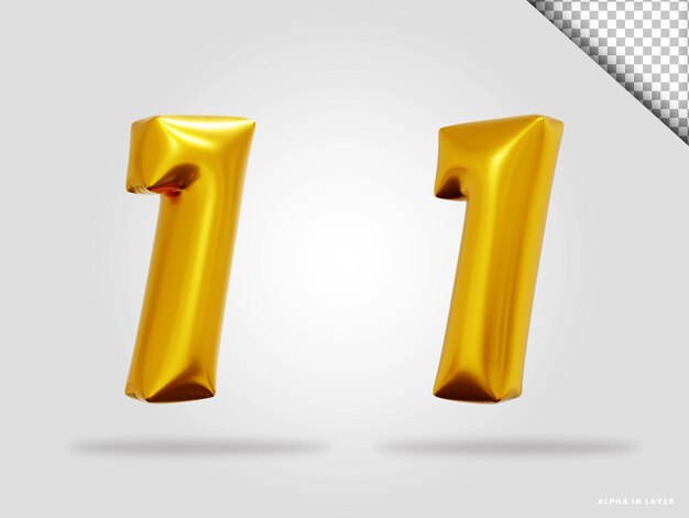 Rendering 3D di alfabeto dorato numero 1 in stile palloncino