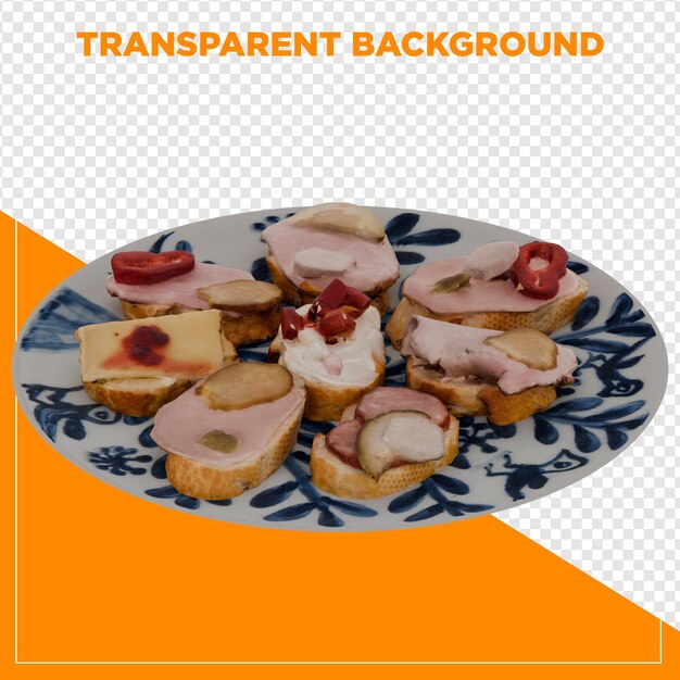 Rendering 3D di aperitivi su un piatto con sfondo trasparente