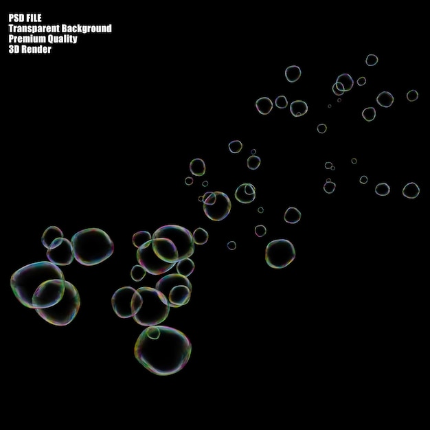 Rendering 3D di bolle di sapone galleggianti su sfondo nero