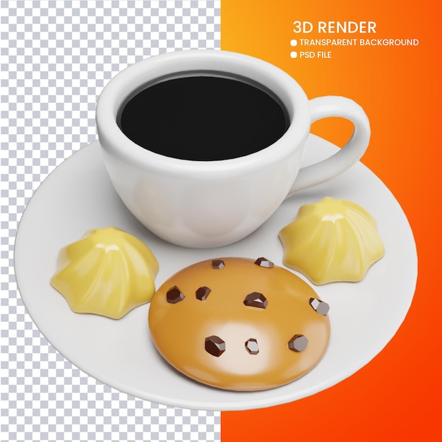 Rendering 3D di caffè e biscotti carini