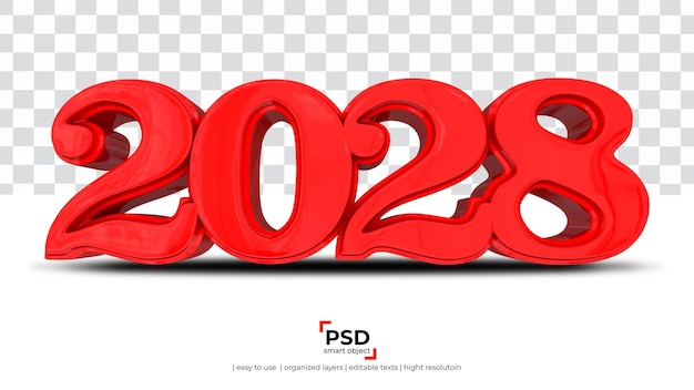 Rendering 3d di Capodanno rosso 2028 isolato su sfondo trasparente