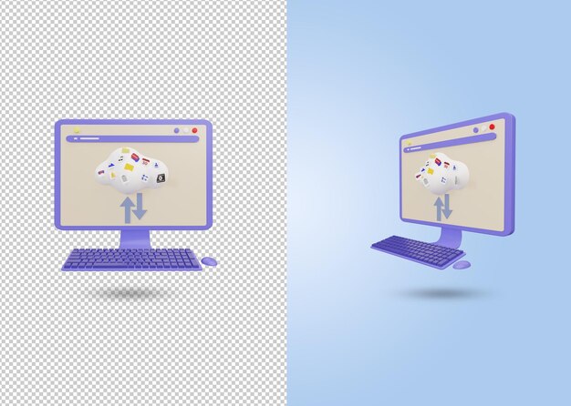 Rendering 3D di computer desktop che caricano e scaricano file nell'archivio cloud, file psd