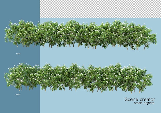 Rendering 3D di disposizione di alberi e fiori