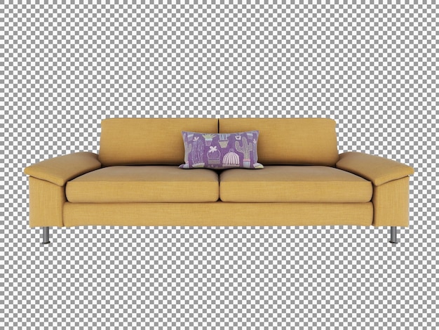 Rendering 3D di divano in tessuto giallo minimalista con interni isolati