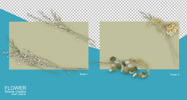 Rendering 3D di diverse composizioni floreali