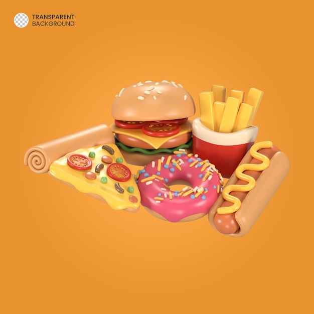 Rendering 3D di fast food set di hamburger patatine donut pizza e hot dog rendering 3D