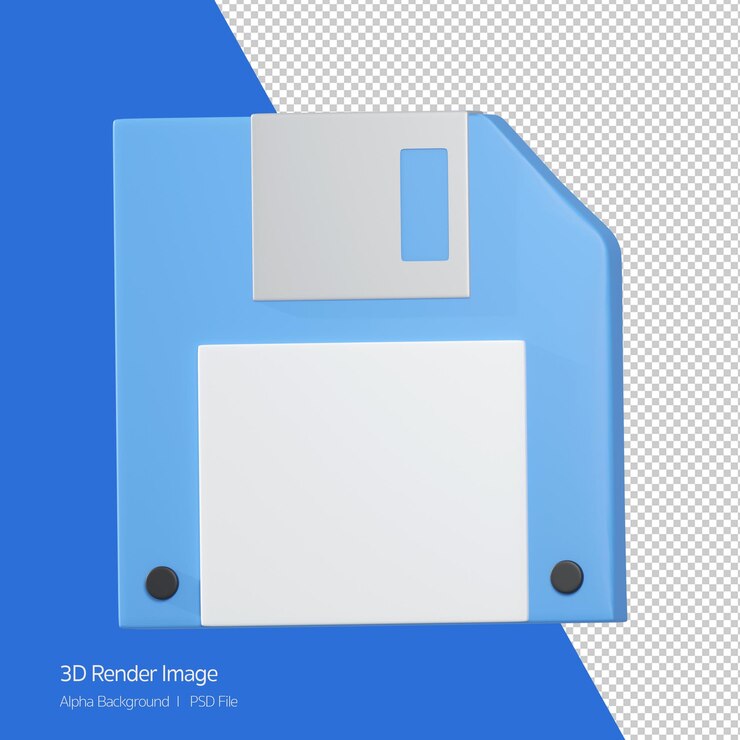 PSD rendering 3d di floppy disk, icona salva isolato su bianco.