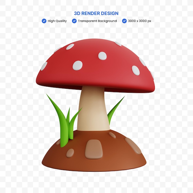 Rendering 3d di funghi a terra e un po' di erba isolata