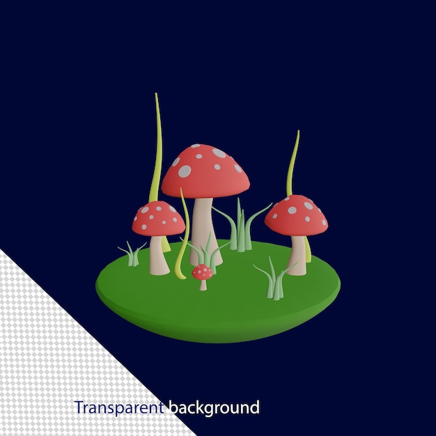 Rendering 3D di funghi rossi con sfondo trasparente