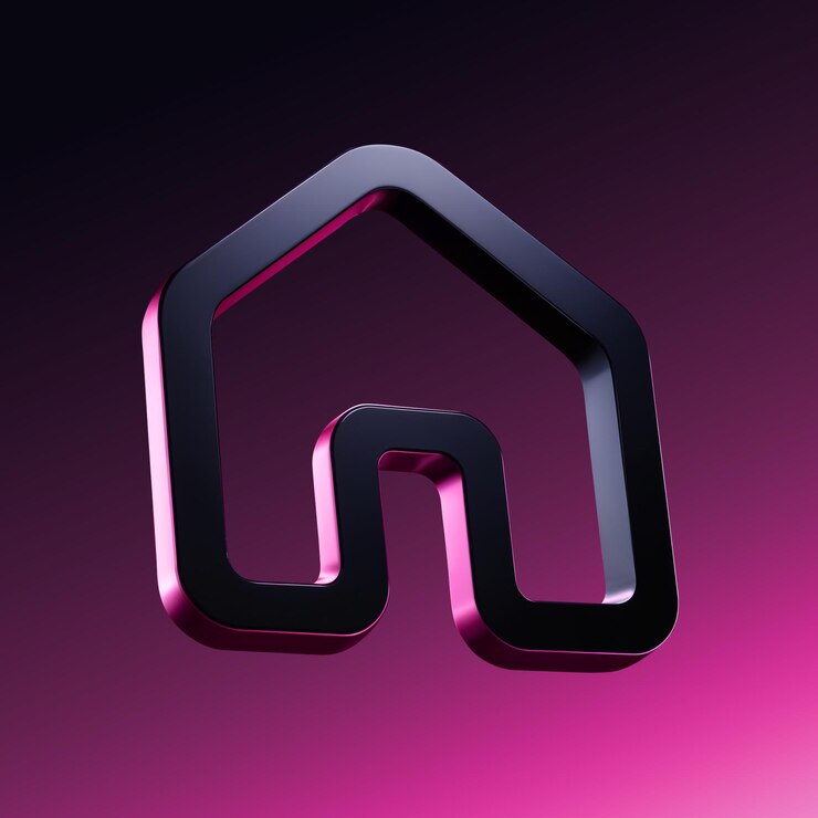Rendering 3D di icone di case superficie lucida sfondo rosa scuro