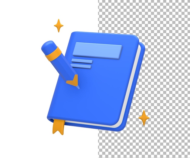 Rendering 3D di istruzione gialla blu o libro accademico con matita per studente universitario per UI UX