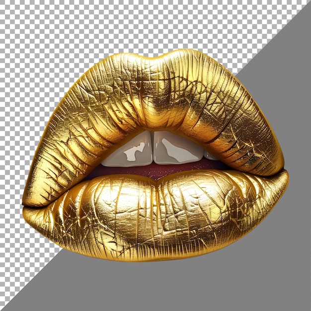 Rendering 3D di labbra di donna dorate su uno sfondo trasparente generato da Ai