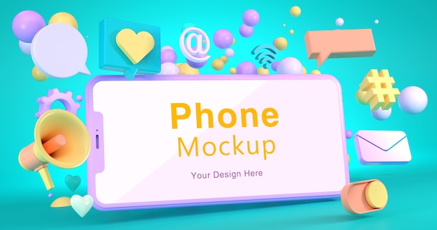 Rendering 3D di mockup di telefono e icona sociale