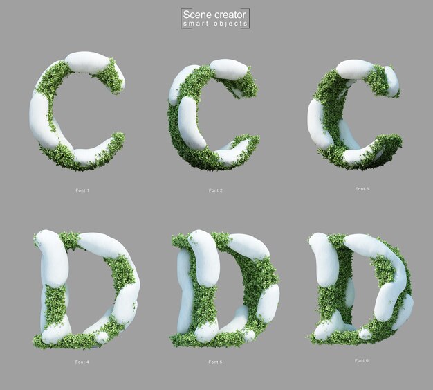 Rendering 3D di neve sui cespugli a forma di lettera C e creatore di scene della lettera D.