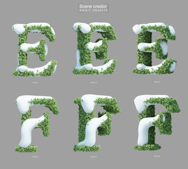 Rendering 3D di neve sui cespugli a forma di lettera E e creatore di scene della lettera F.