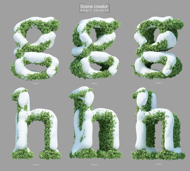 Rendering 3D di neve sui cespugli a forma di lettera ge lettera h