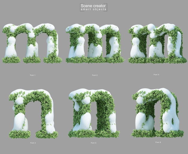Rendering 3D di neve sui cespugli a forma di lettera me lettera n