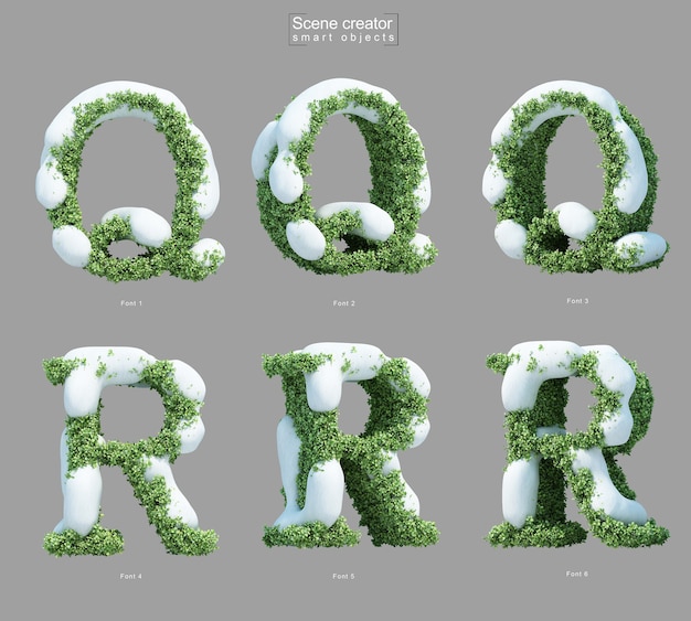 Rendering 3D di neve sui cespugli a forma di lettera Q e creatore di scene della lettera R.