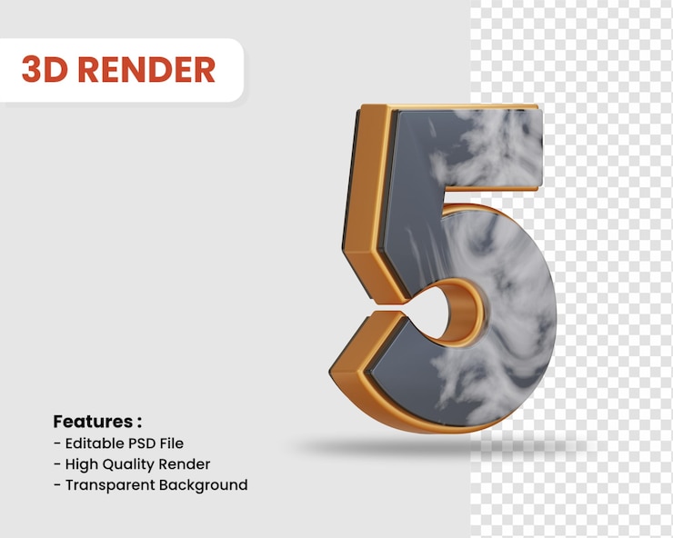 Rendering 3d di numero 5 isolato con trama di marmo bianco nero