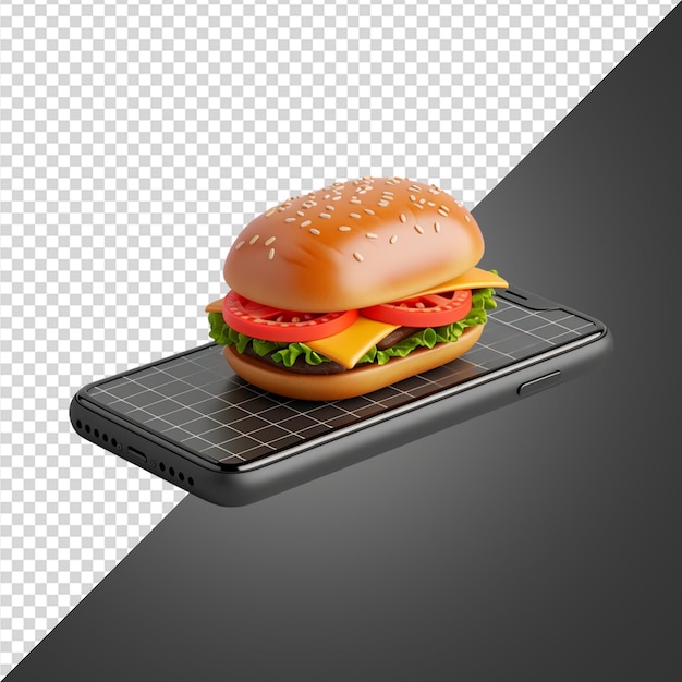 Rendering 3D di ordinazione di cibo con uno smartphone su uno sfondo trasparente