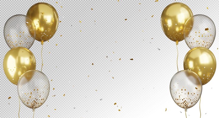 PSD rendering 3d di palloncini dorati che volano con confetti