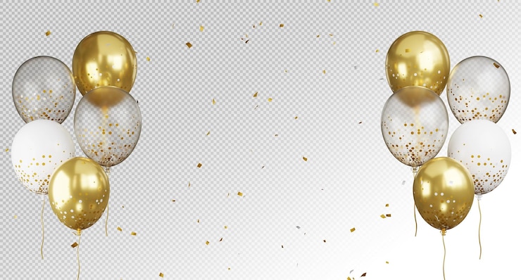 PSD rendering 3d di palloncini dorati che volano con confetti