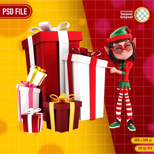 Rendering 3D di personaggi elfi e regalo di natale