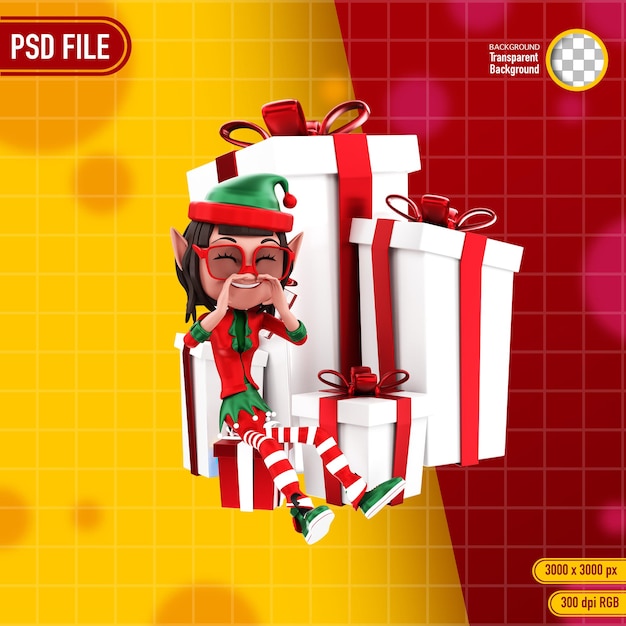 Rendering 3D di personaggi elfi e regalo di natale