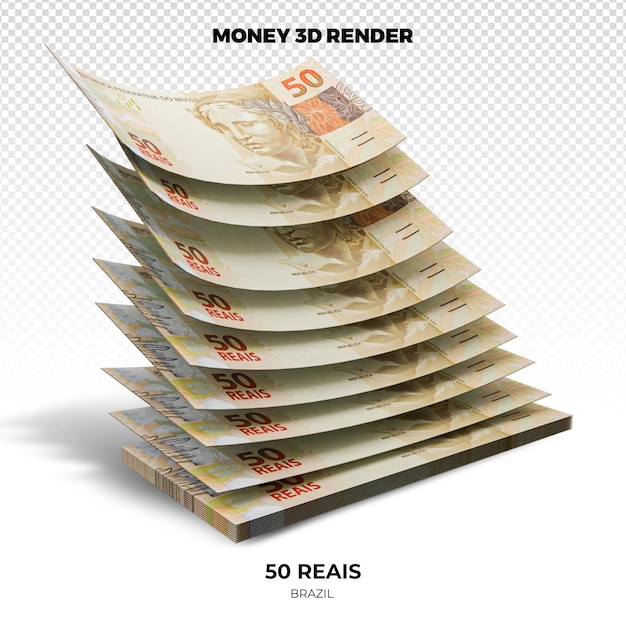 Rendering 3D di pile di banconote brasiliane da 50 reals