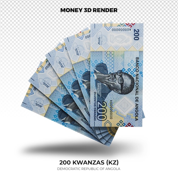 Rendering 3D di pile di banconote di 200 Kwanzas dell'Angola
