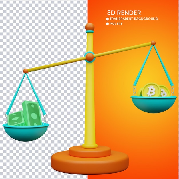 Rendering 3d di scala di denaro carina e bitcoin