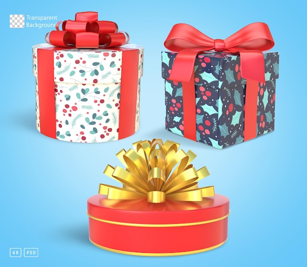 Rendering 3D di scatole regalo di Natale con nastri di forme diverse