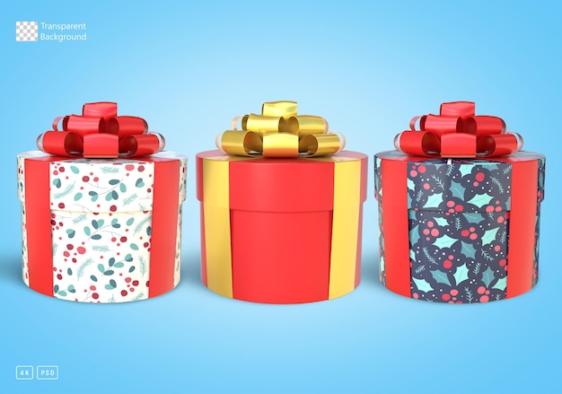 Rendering 3D di scatole regalo rotonde di Natale con nastro