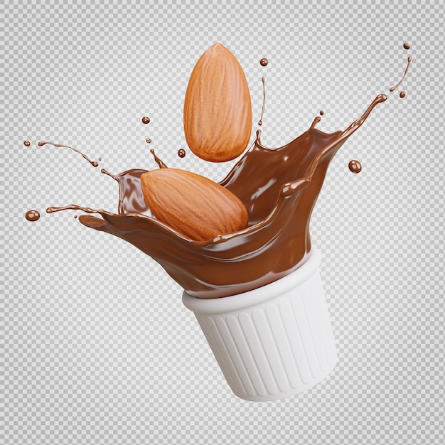 Rendering 3d di schizzi di cioccolato con mandorla su sfondo trasparente