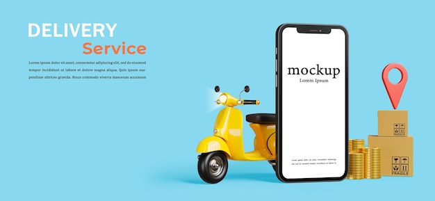 Rendering 3d di scooter giallo con concetto di servizio di consegna smartphoneonline