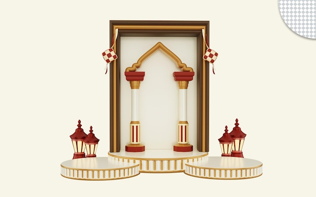 Rendering 3d di sfondo islamico per ramadan kareem eid al fitr con podio
